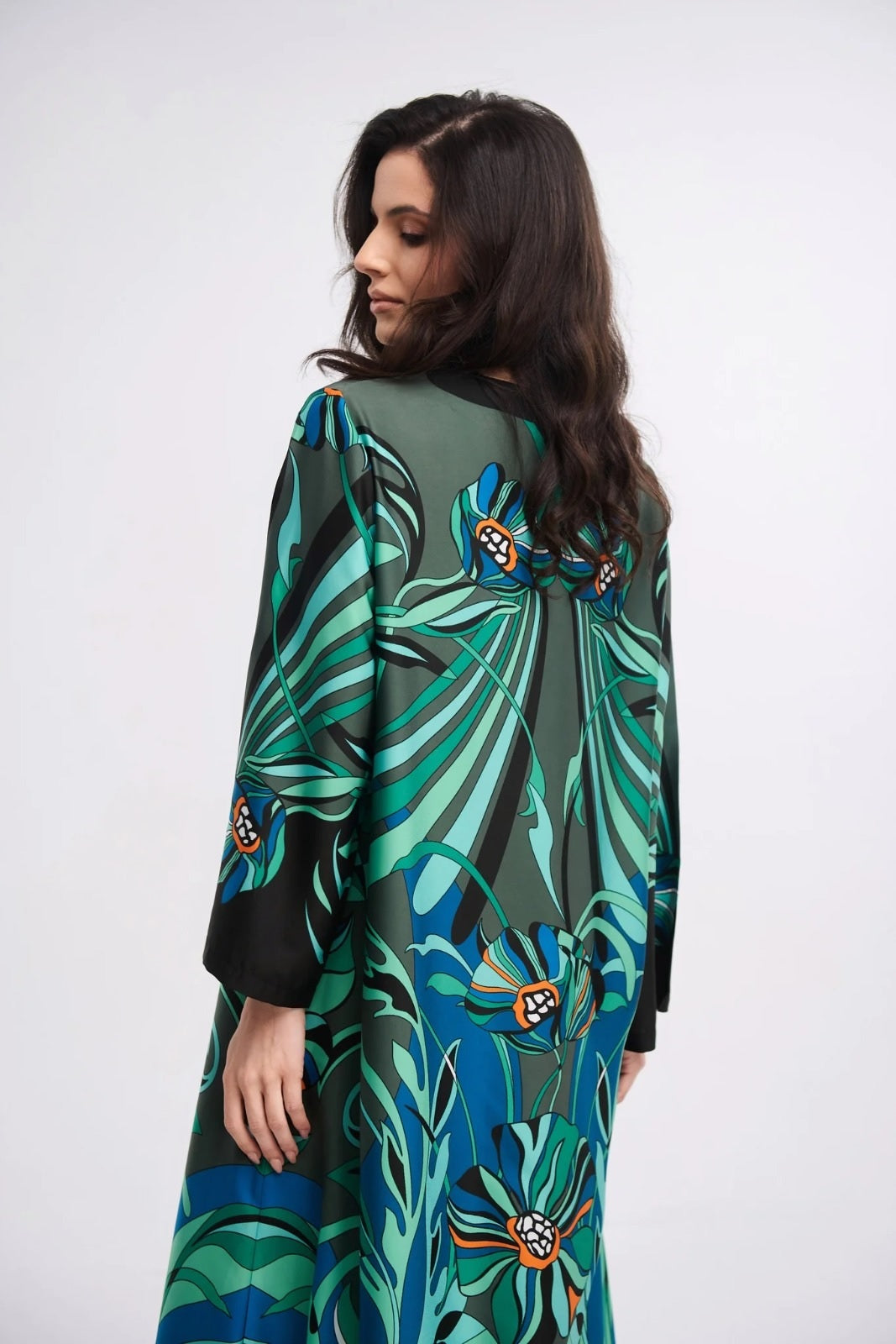 Tropical Floral Print Maxi Kaftan Dress – Green &amp; Blue V-Neck Flowy Gown
