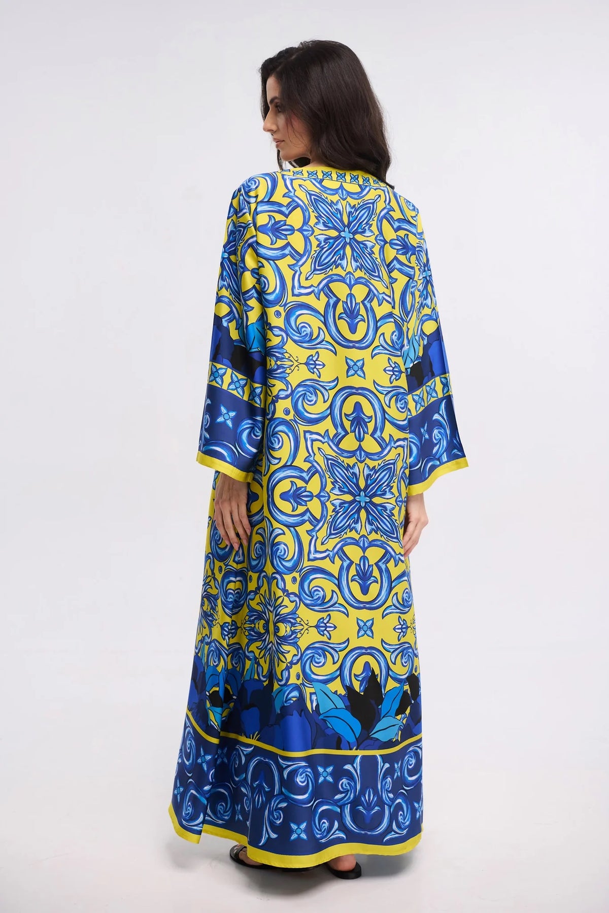 Yellow Blue Majolica Print Maxi Kaftan Dress – V-Neck Bell Sleeve Gown