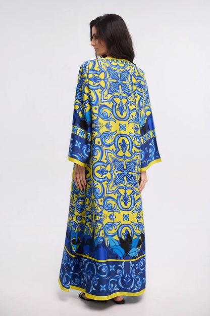 Yellow Blue Majolica Print Maxi Kaftan Dress – V-Neck Bell Sleeve Gown