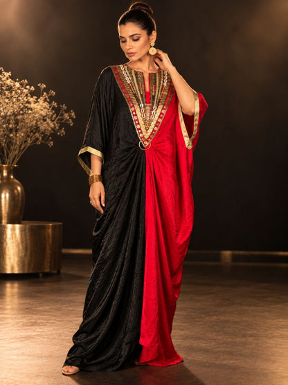 Black &amp; Red Dual Color Panel Embellished Nova Silk Kaftan