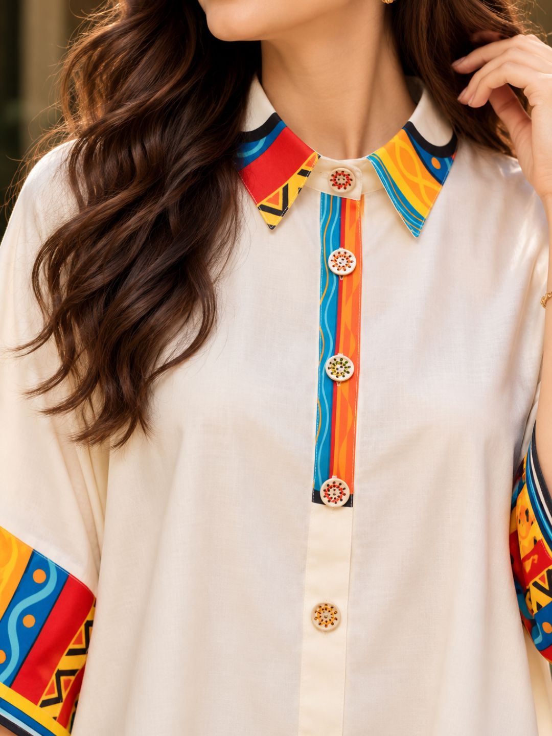 Rainbow Printed Cotton Linen High-low  Dress with Flared Hem &amp; Statement Sleeves