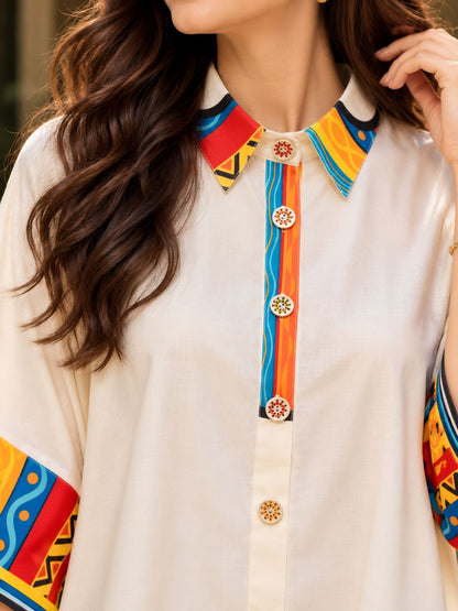 Rainbow Printed Cotton Linen High-low  Dress with Flared Hem &amp; Statement Sleeves