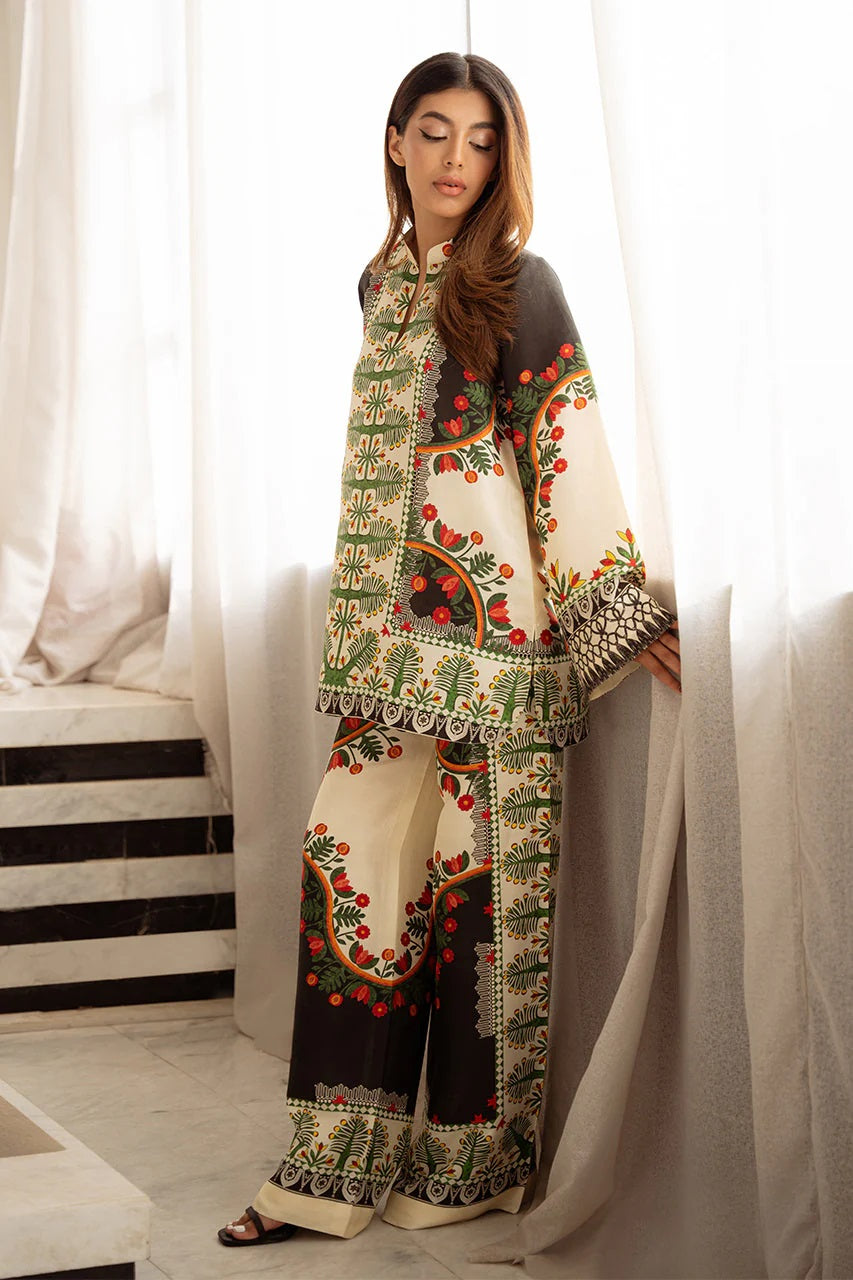 Folk Floral Print Co-Ord Set – Ivory &amp; Brown Mandarin Collar Tunic with Wide-Leg Pants