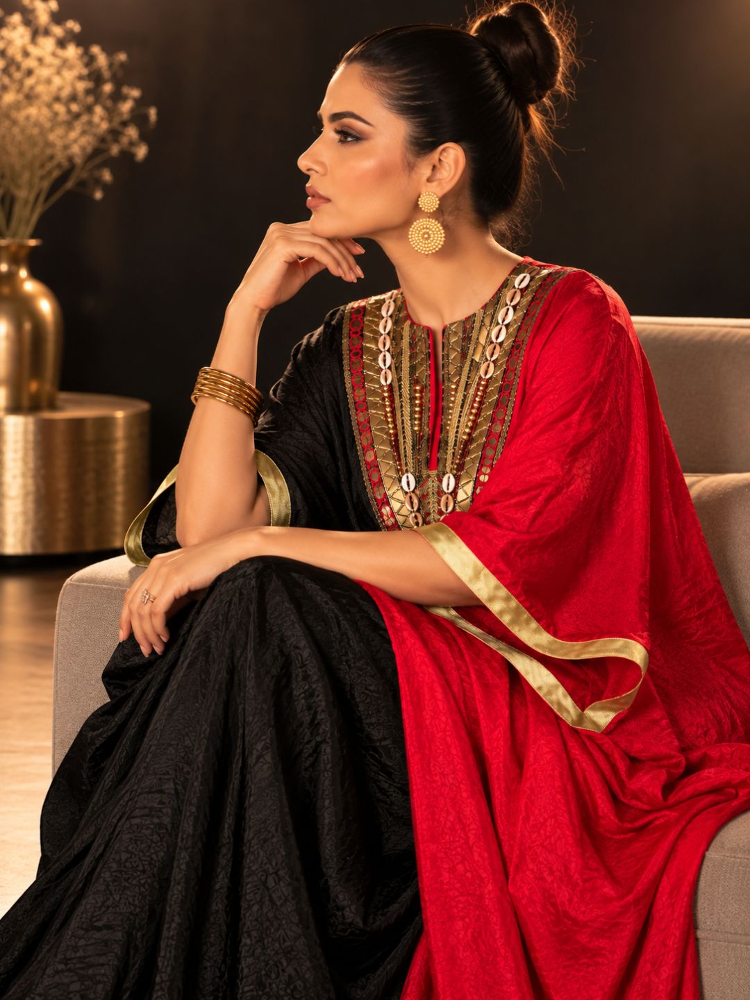 Black &amp; Red Dual Color Panel Embellished Nova Silk Kaftan