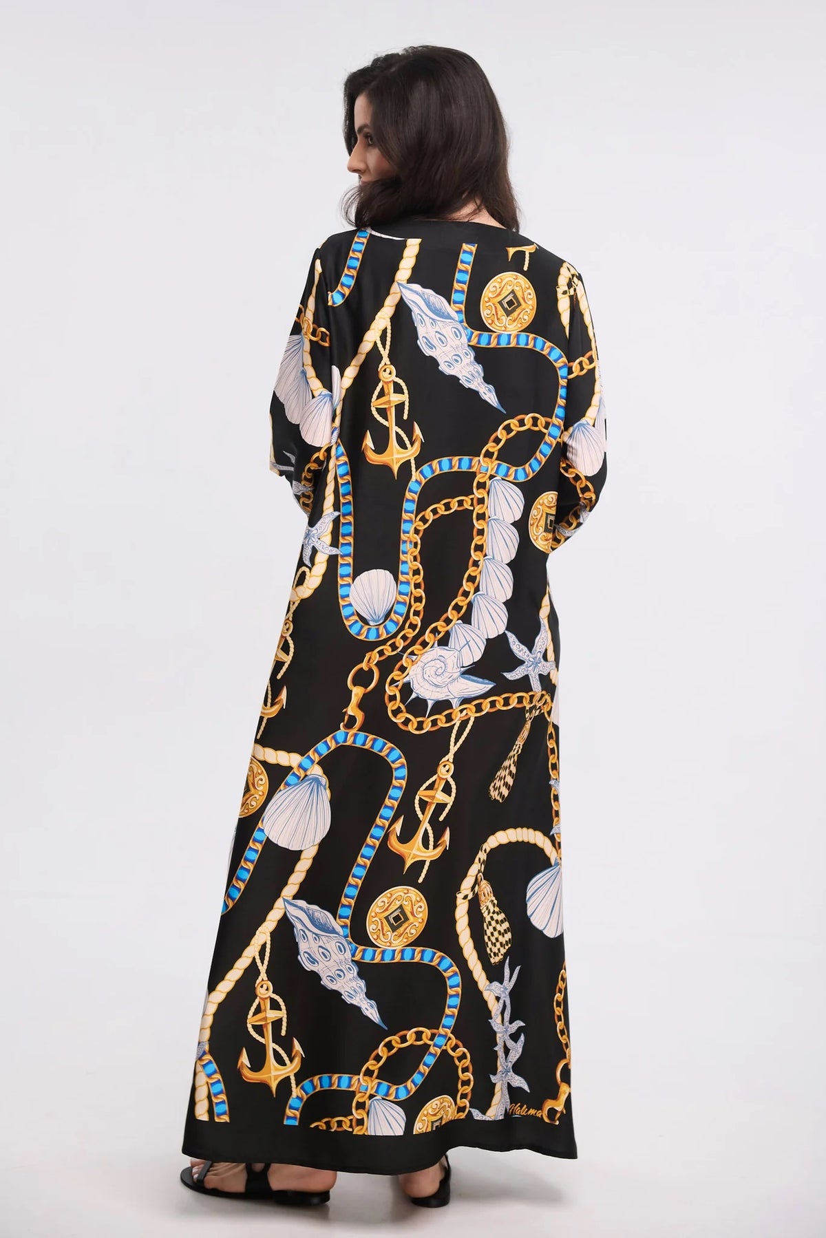 Black Nautical Chain Print Maxi Kaftan Dress