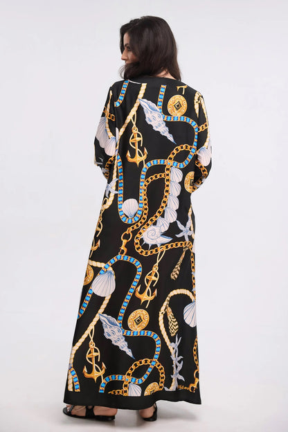 Black Nautical Chain Print Maxi Kaftan Dress