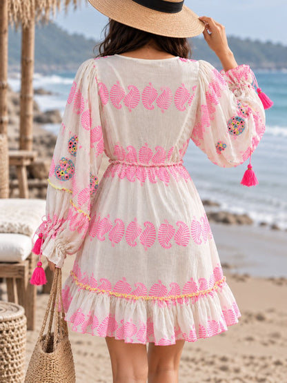 Ivory &amp; Pink Printed Cotton Short Dress with Multicolor Embroidered Yoke &amp; Tassel Detailing