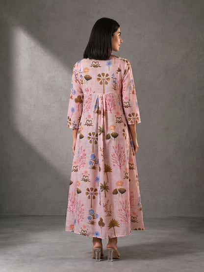 Blush Pink Floral Printed Cotton Maxi Dress for Women