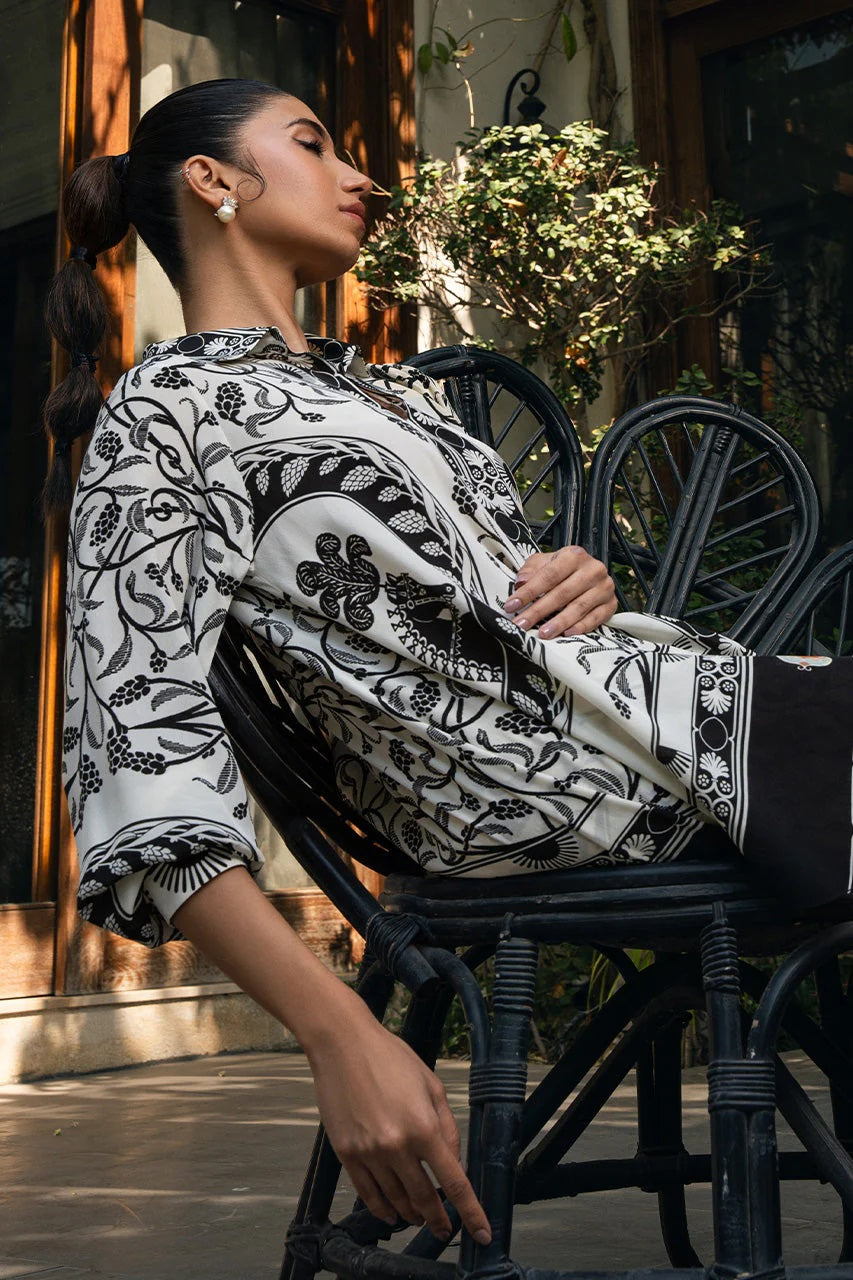 Monochrome Botanical Print Co-Ord Set – Collared Shirt &amp; Wide-Leg Pants