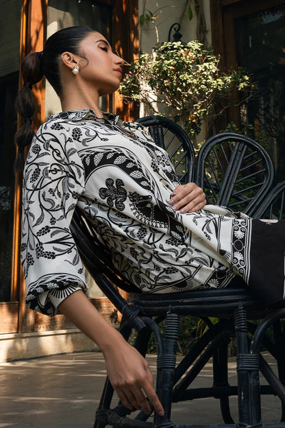 Monochrome Botanical Print Co-Ord Set – Collared Shirt &amp; Wide-Leg Pants
