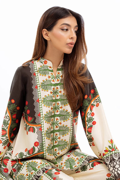 Folk Floral Print Co-Ord Set – Ivory &amp; Brown Mandarin Collar Tunic with Wide-Leg Pants