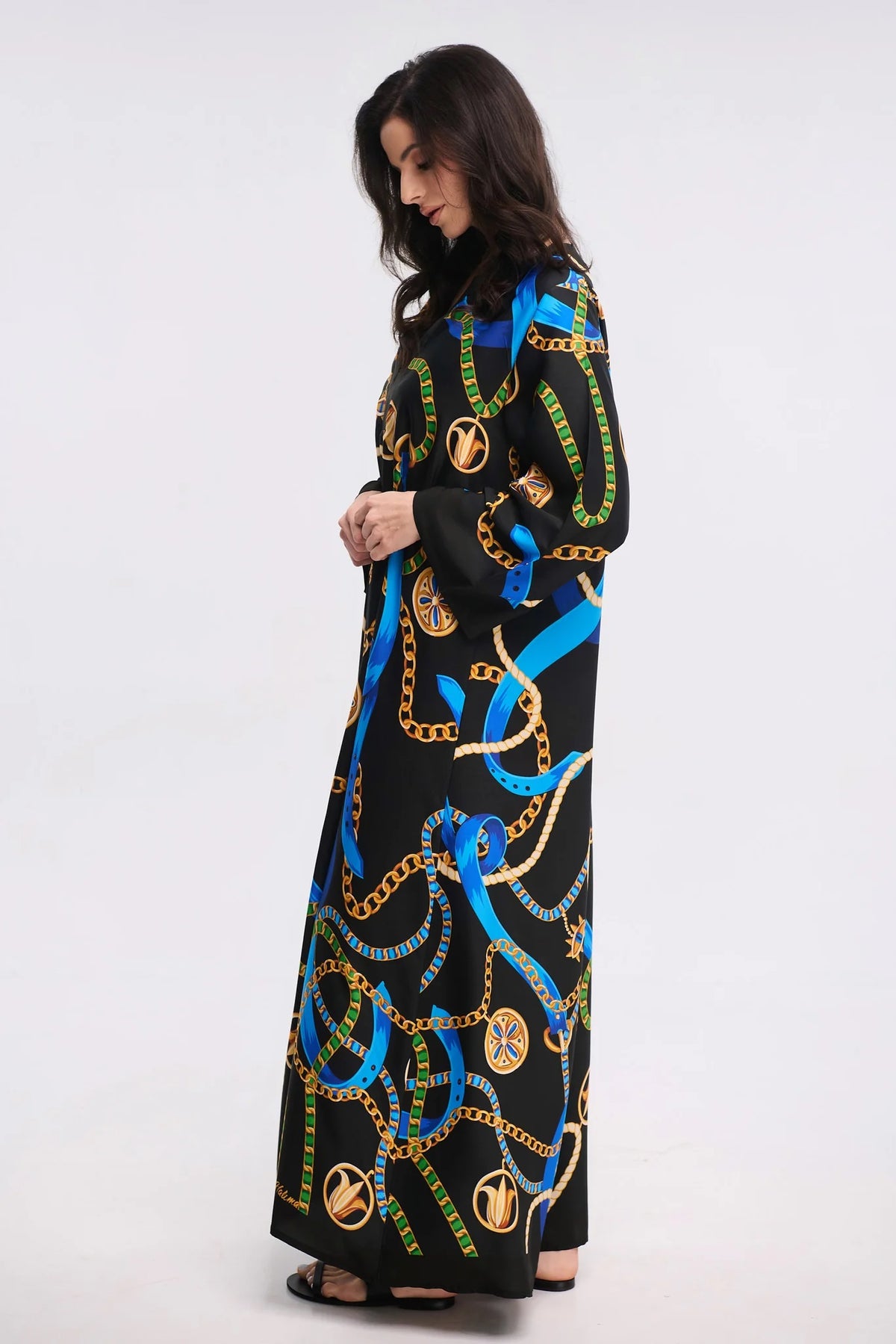 Black Chain &amp; Ribbon Print Maxi Kaftan Dress
