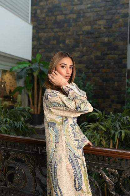Printed Kaftan Maxi Dress - Beige &amp; Blue Ethnic Print