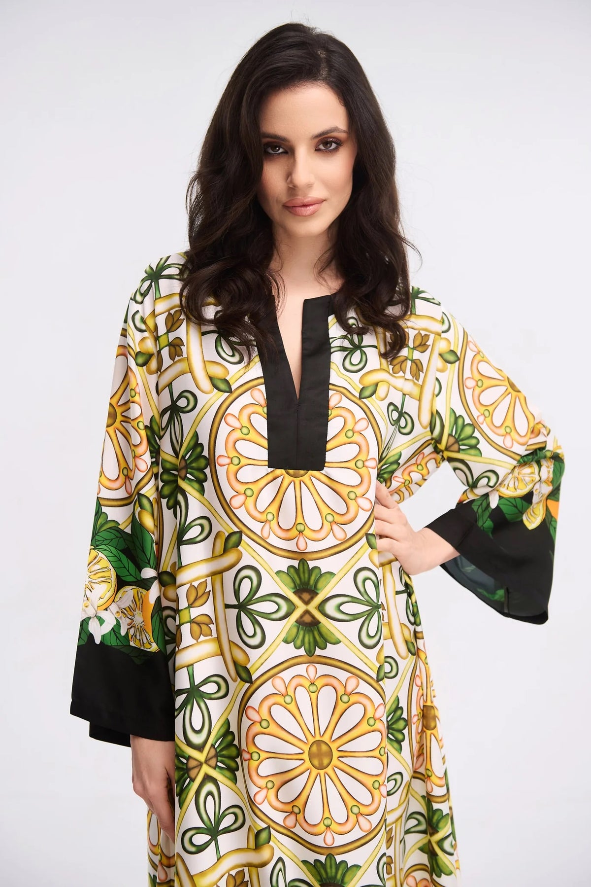 Sicilian Mosaic &amp; Citrus Print Maxi Kaftan Dress – Ivory V-Neck Bell Sleeve Gown