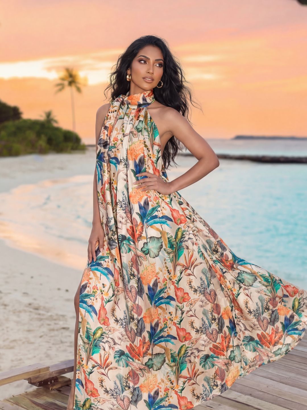 Tropical Floral Halter Maxi Dress - Elegant Satin Flowing Resort Wear for Summer Vacations and Beach Weddings