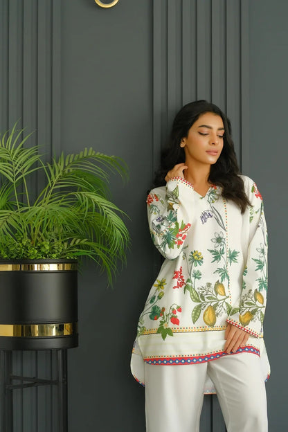 Ivory Botanical Print Tunic with Solid Flared Pants Co-Ord Set
