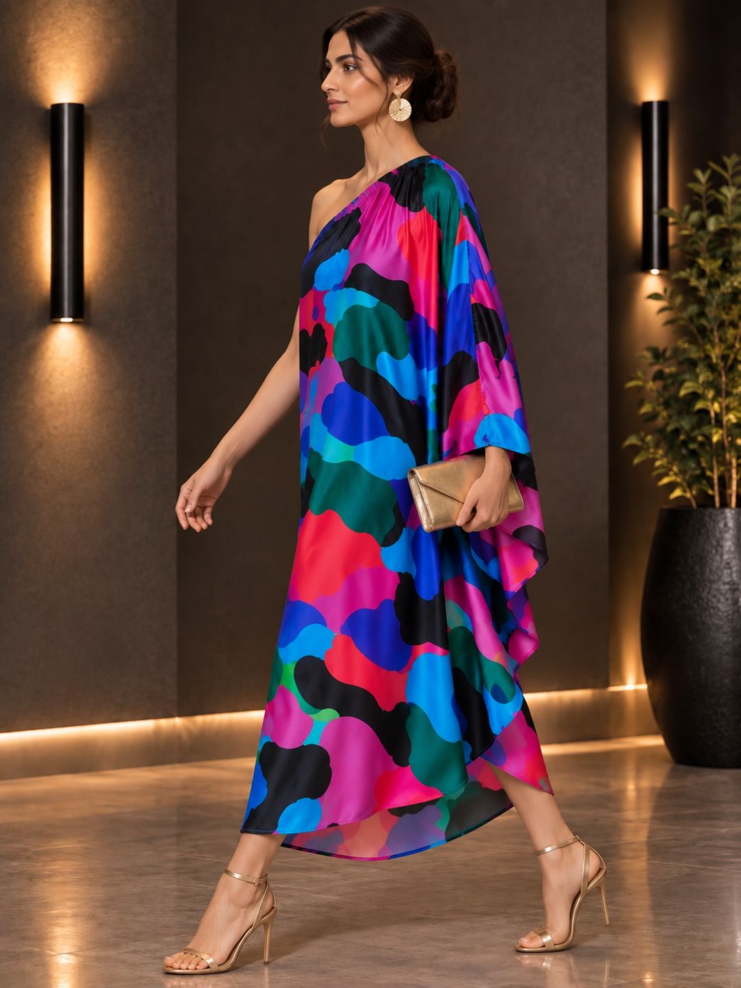 Multicolor Abstract Print Satin Silk Kaftan Dress with One-Shoulder Draped Design