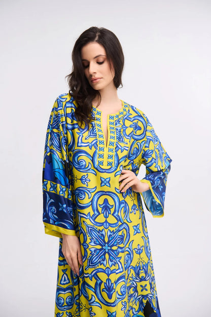 Yellow Blue Majolica Print Maxi Kaftan Dress – V-Neck Bell Sleeve Gown