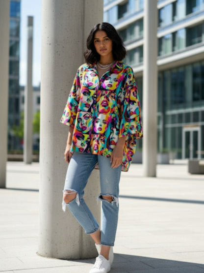 Vibrant Pop Art Face Print Oversized Button-Up Shirt for Women