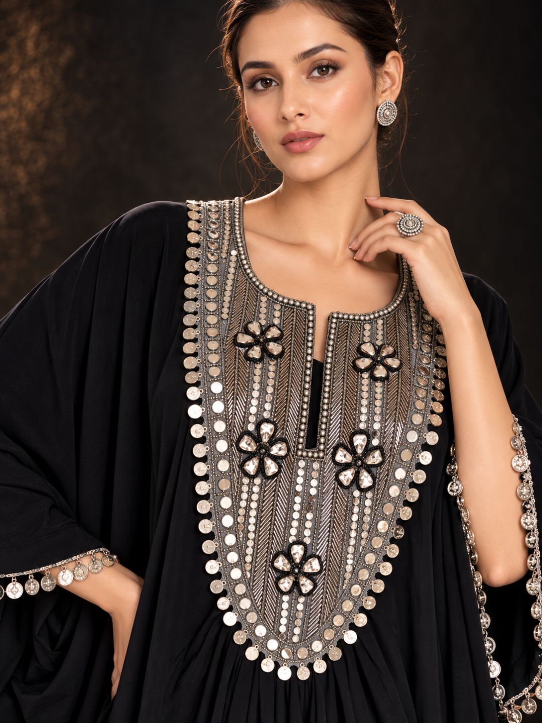 Black Embellished Kaftan Dress for Women | Coin Tassel Yoke Embroidered Maxi Kaftan – Festive &amp; Party Wear