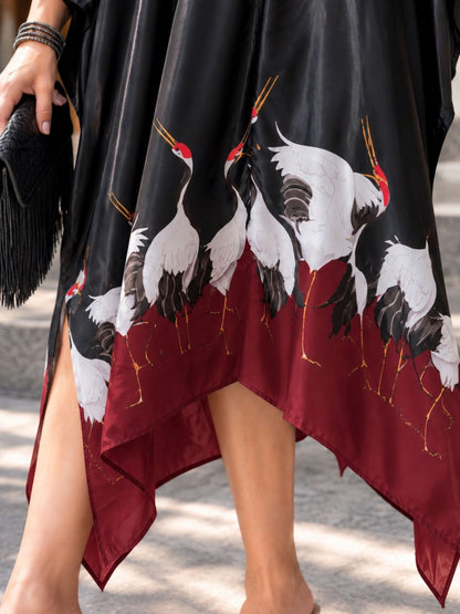 Black Crepe Crane Print Kaftan Dress for Women