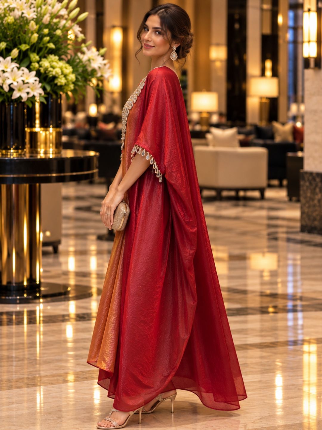 Red Ombré Space Silk Kaftan with Mirror Work V-Neck | Festive Draped Kaftan Dress for Women | Party &amp; Wedding Wear