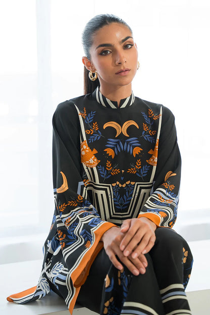 Black Floral Border Print Co-Ord Set – Mandarin Collar Tunic &amp; Straight Pants