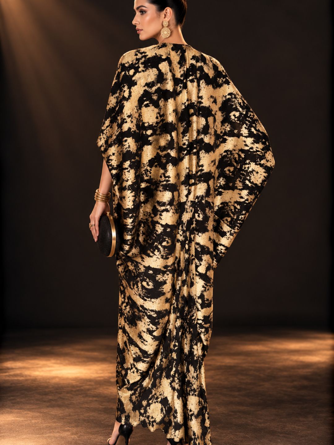 Black &amp; Gold Metallic Print Crinkle Kaftan Dress for Women