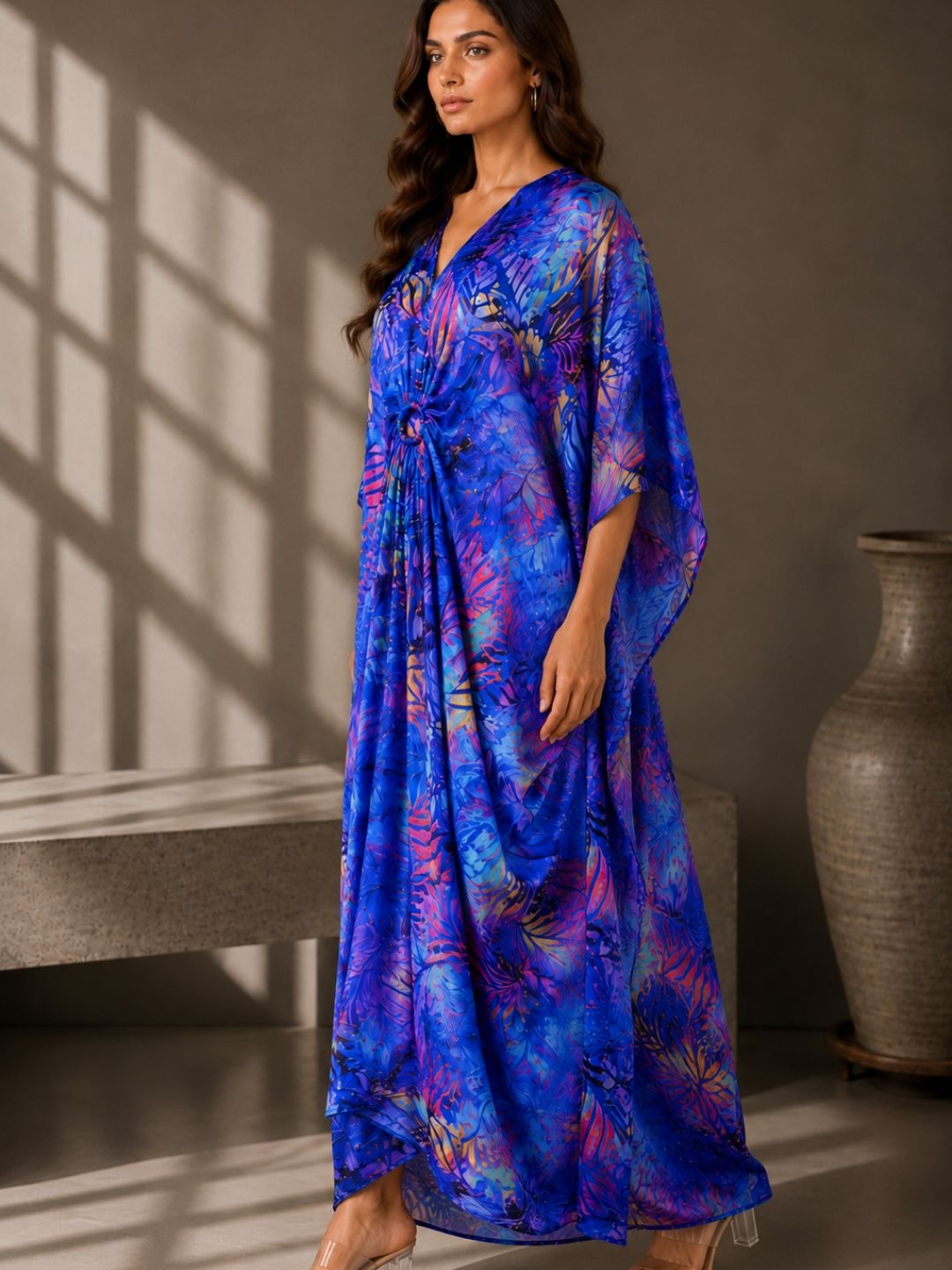 Emerald Bloom Printed Kaftan Maxi Dress with Ring Detail -Blue