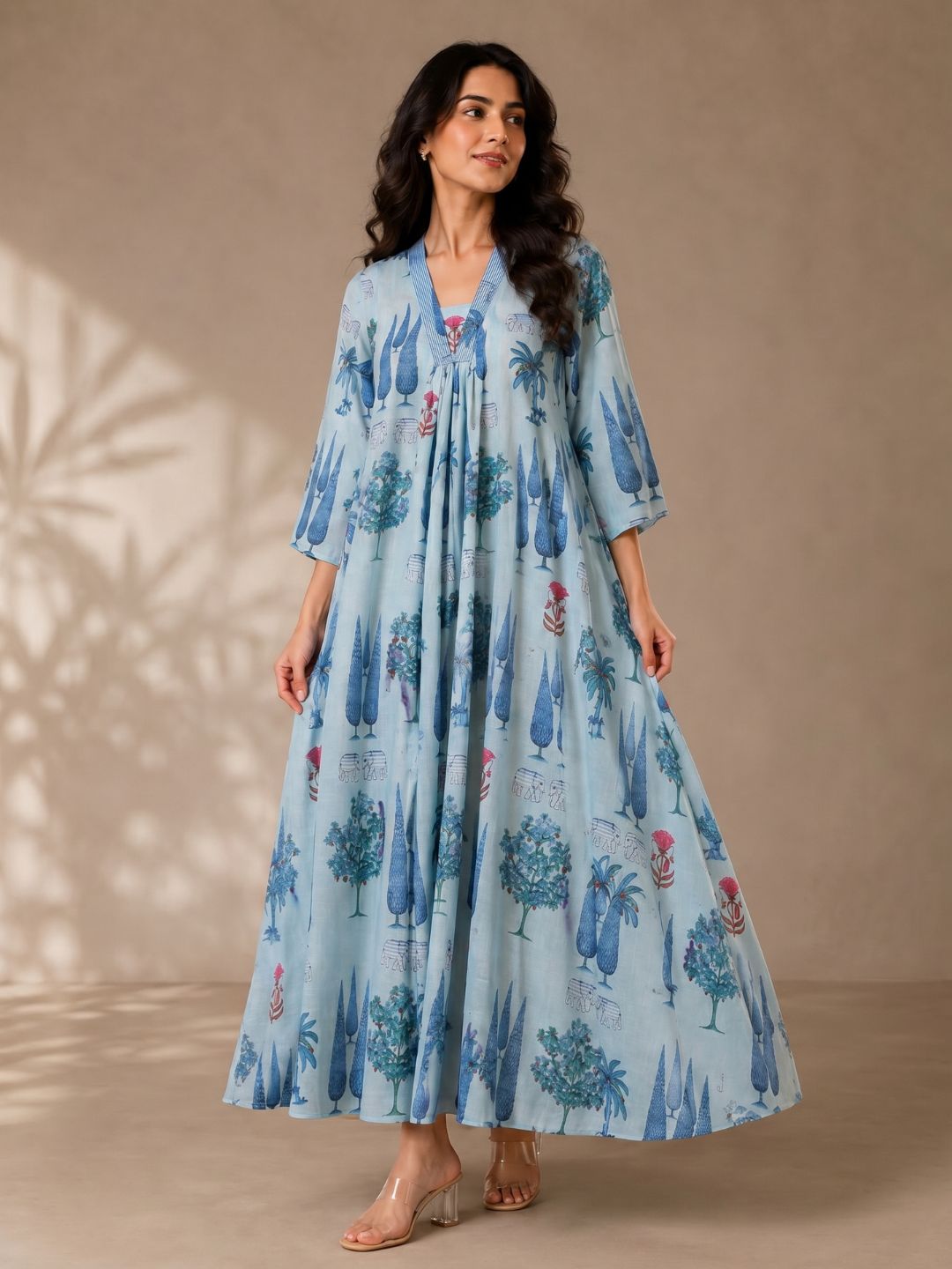 Sky Blue Scenic Printed Cotton Maxi Dress for Women