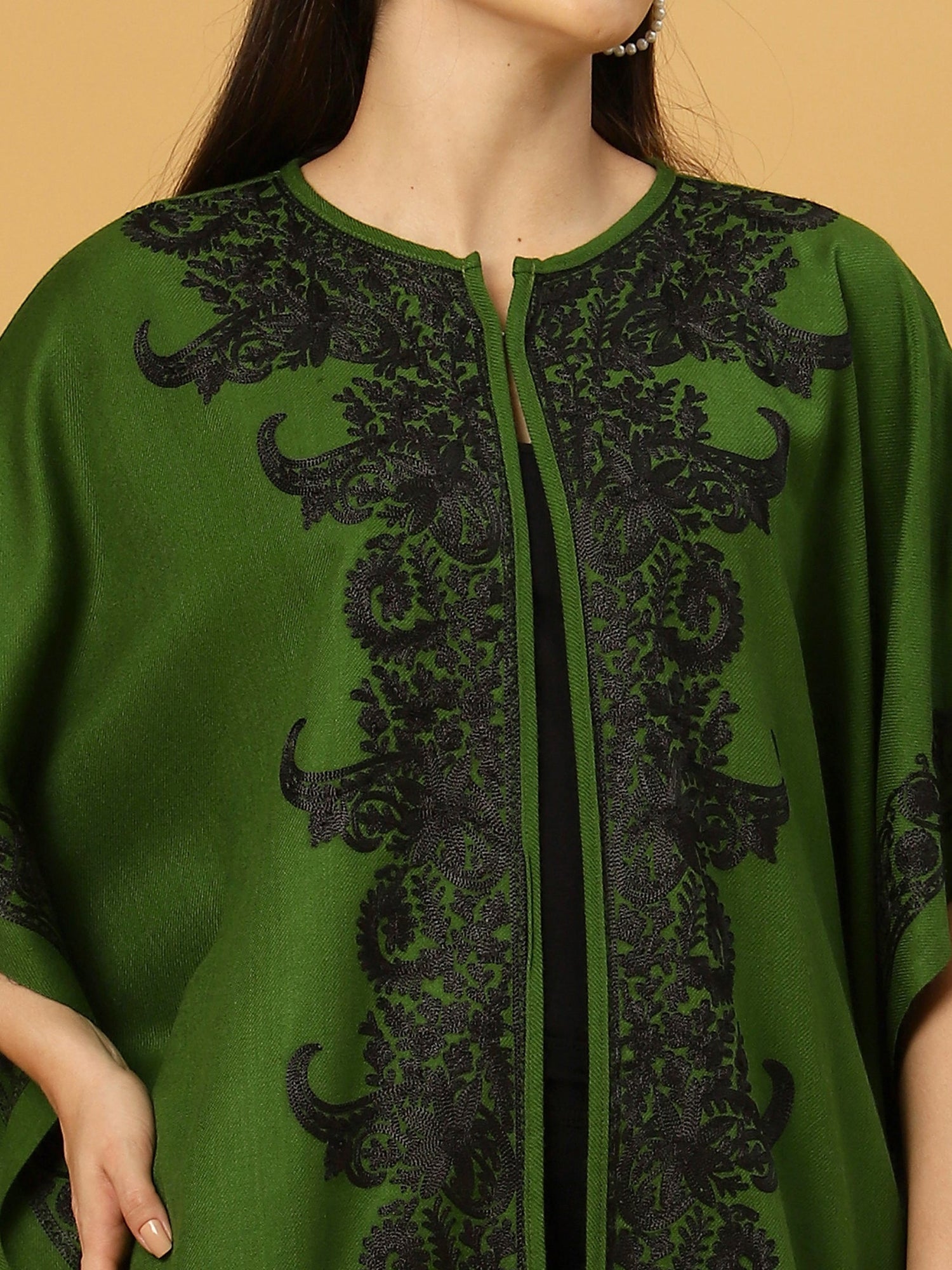 Floral Embroidery Green Pheran Shrug