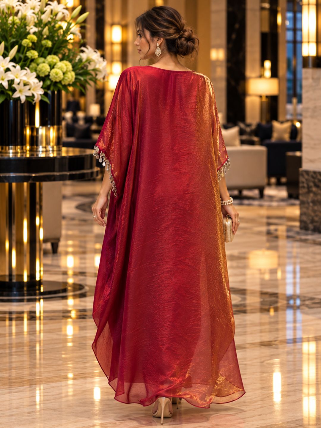Red Ombré Space Silk Kaftan with Mirror Work V-Neck | Festive Draped Kaftan Dress for Women | Party &amp; Wedding Wear