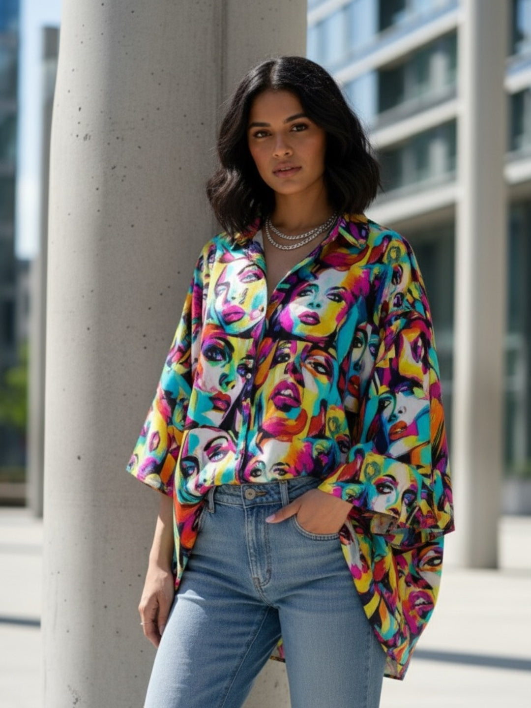 Vibrant Pop Art Face Print Oversized Button-Up Shirt for Women