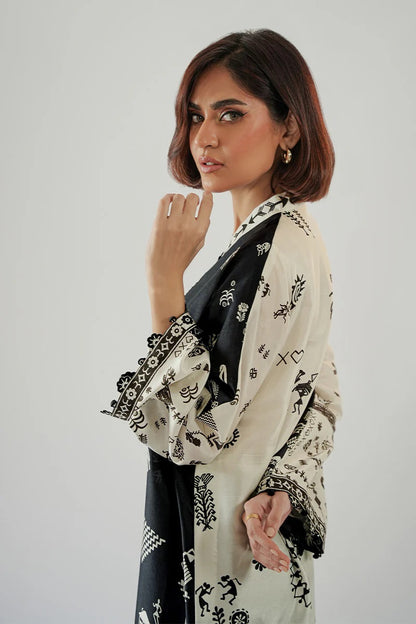 Women’s Black &amp; White Printed Kaftan Dress – Long Sleeve Maxi Kaftan