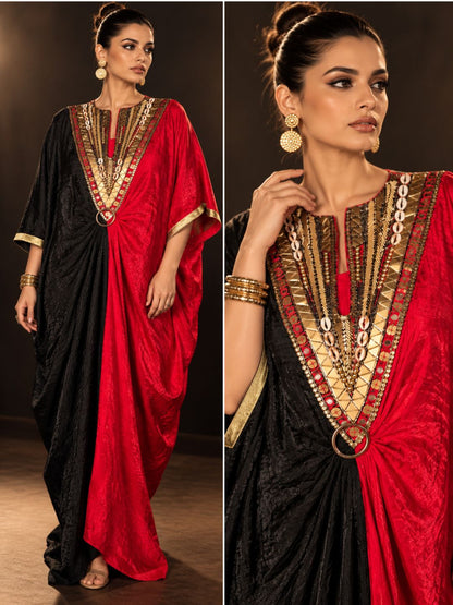 Black &amp; Red Dual Color Panel Embellished Nova Silk Kaftan