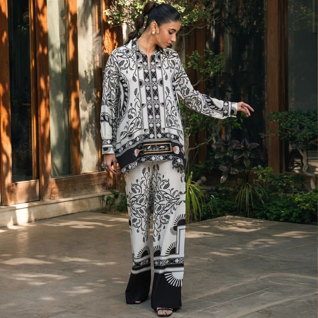 Monochrome Botanical Print Co-Ord Set – Collared Shirt &amp; Wide-Leg Pants