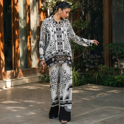 Monochrome Botanical Print Co-Ord Set – Collared Shirt &amp; Wide-Leg Pants