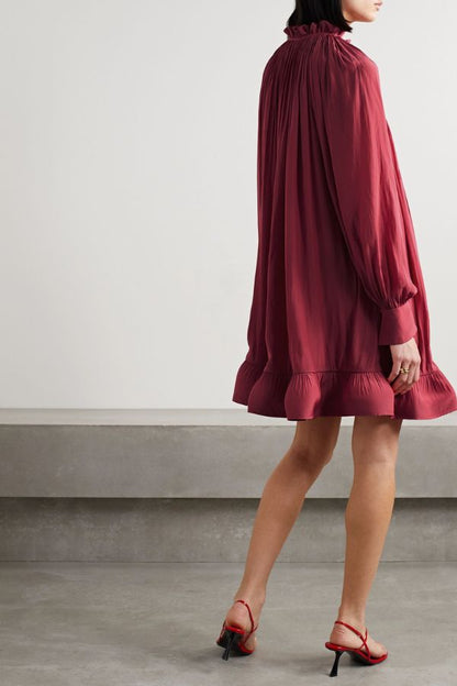 Maroon Short Charmeuse Ruffle Dress