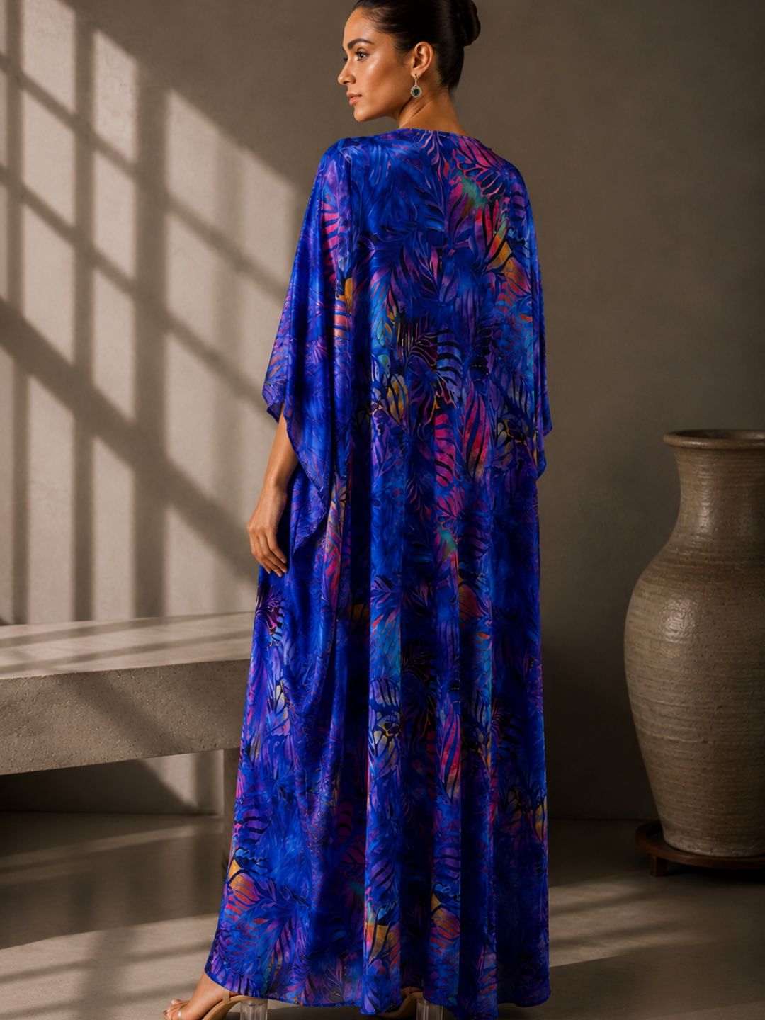 Emerald Bloom Printed Kaftan Maxi Dress with Ring Detail -Blue