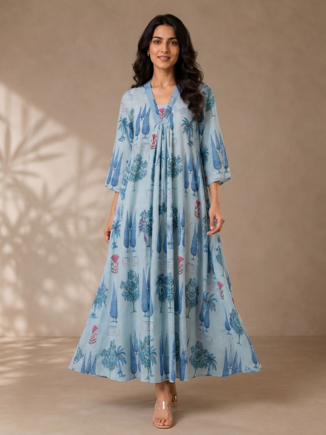 Sky Blue Scenic Printed Cotton Maxi Dress for Women