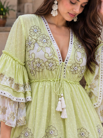 Pastel Green Cotton Embroidered Dress with Net Lace Detailing