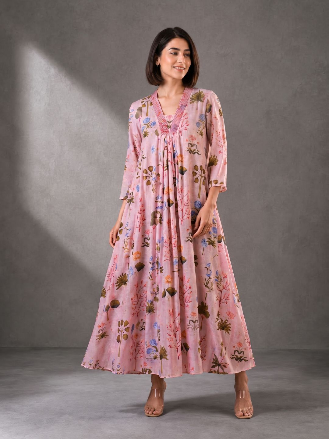 Blush Pink Floral Printed Cotton Maxi Dress for Women