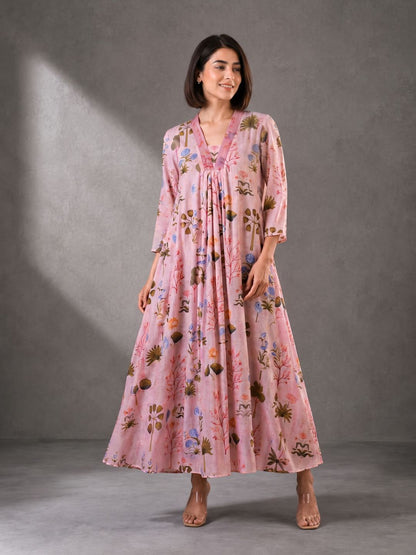 Blush Pink Floral Printed Cotton Maxi Dress for Women