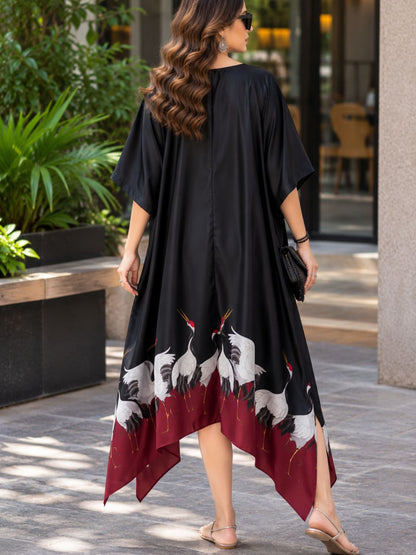 Black Crepe Crane Print Kaftan Dress for Women