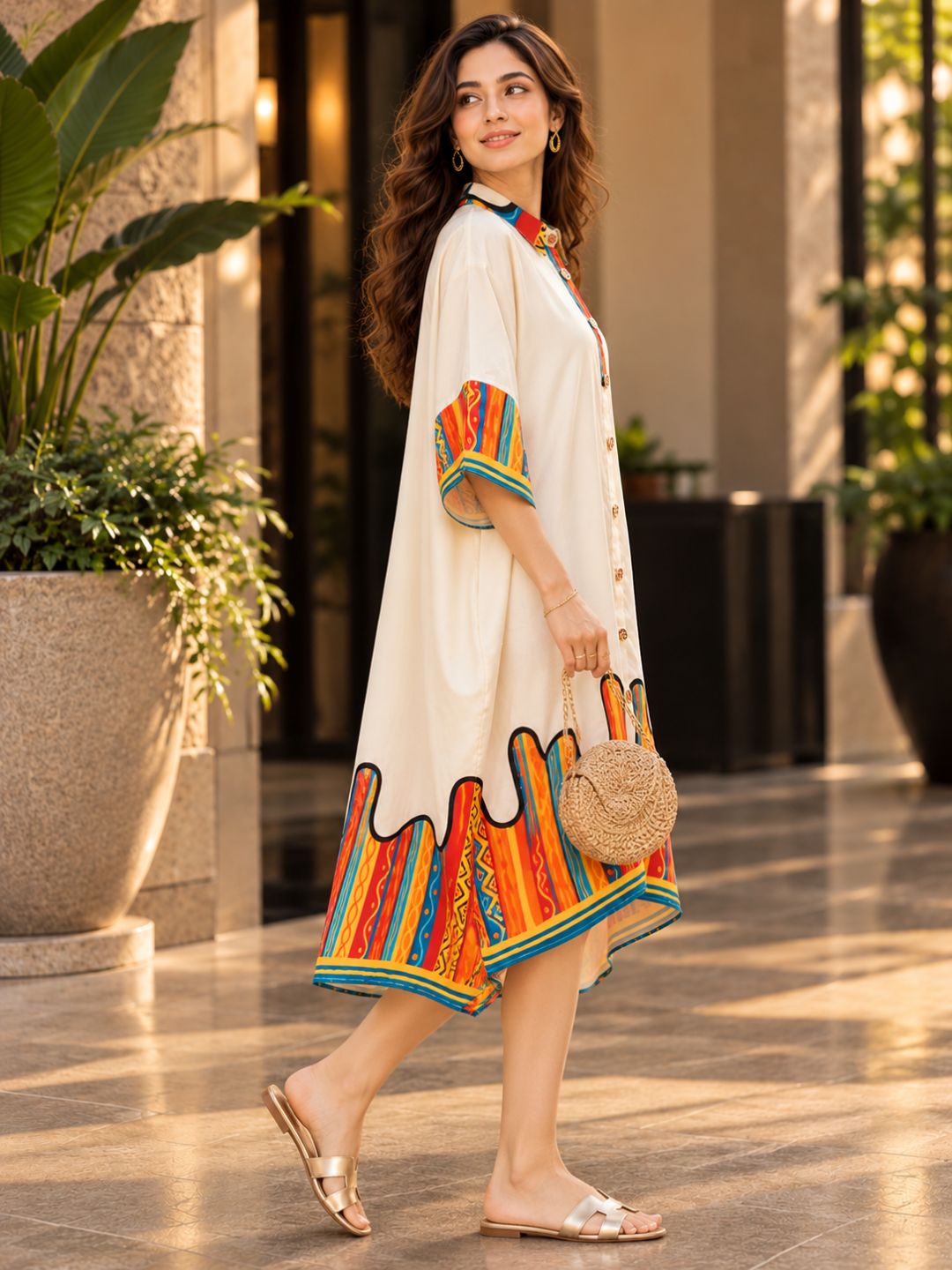 Rainbow Printed Cotton Linen High-low  Dress with Flared Hem &amp; Statement Sleeves
