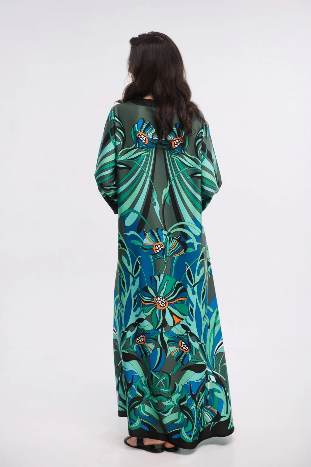 Tropical Floral Print Maxi Kaftan Dress – Green &amp; Blue V-Neck Flowy Gown