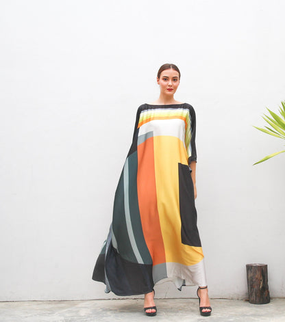 Satin Silk Geometric Print Beachwear Long Kaftan