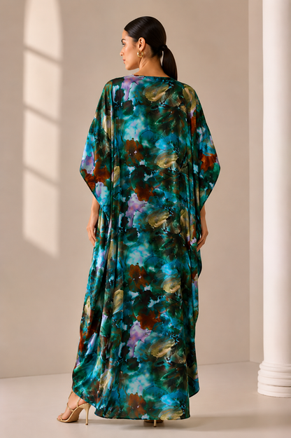 Emerald Bloom Printed Kaftan Maxi Dress with Ring Detail