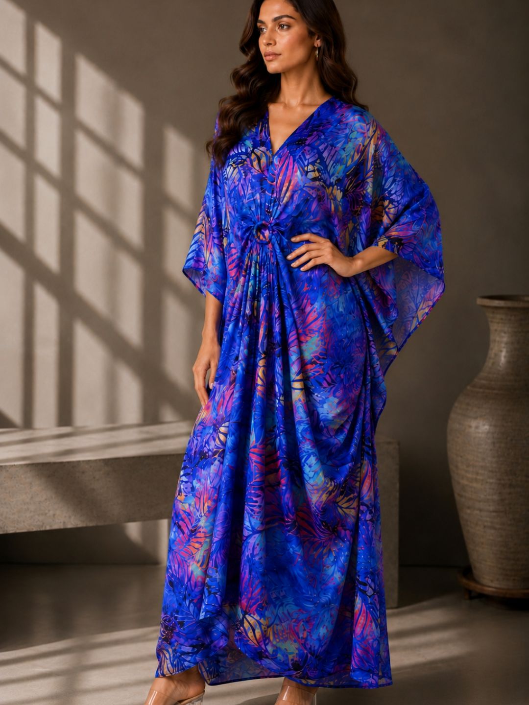 Emerald Bloom Printed Kaftan Maxi Dress with Ring Detail -Blue