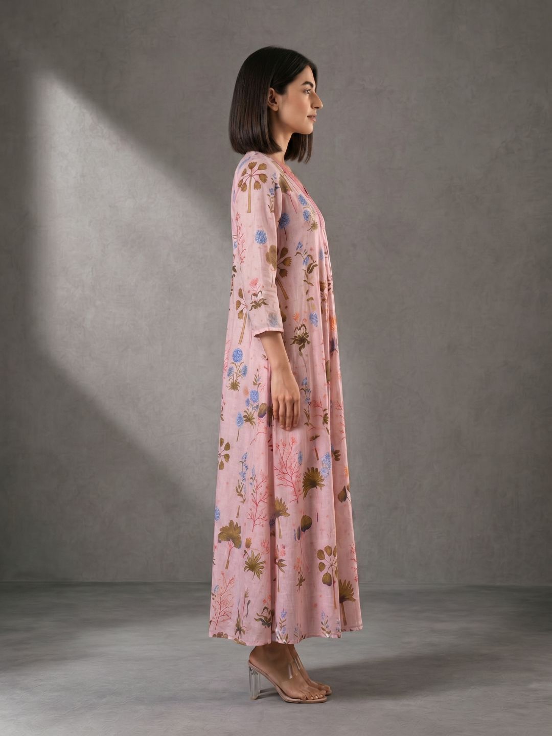 Blush Pink Floral Printed Cotton Maxi Dress for Women